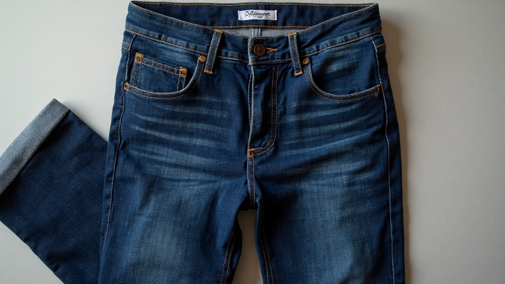 Klassieke donkerblauwe jeans met perfecte pasvorm liggend op tafel gerangschikt met zorg