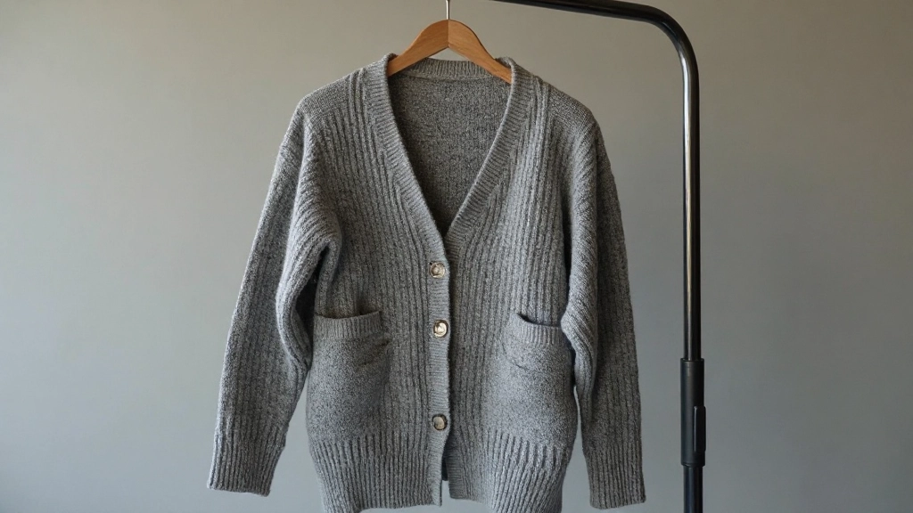 Grijze cardigan van katoenmengsel hangt elegant op kledingrek met zachte plooien
