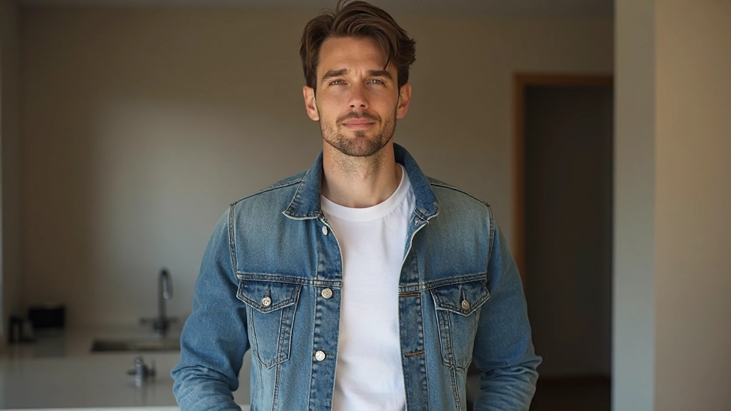 Man in vintage denim jasje en witte t-shirt staat voor rustige achtergrond met zelfverzekerde houding