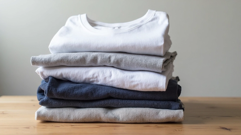 Neatly folded basics in neutral tones stacked on wooden surface with natural lighting