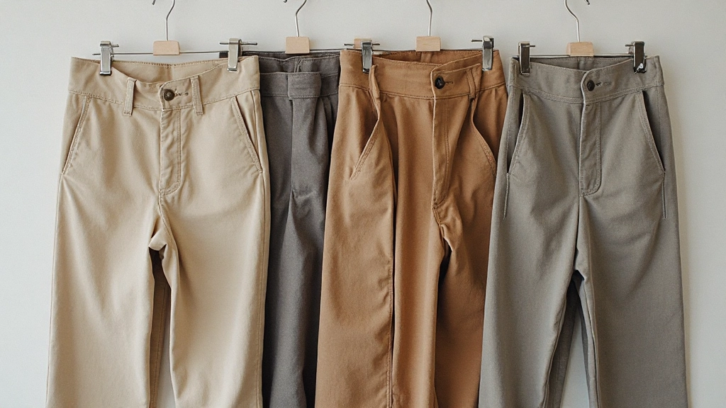 Elegante neutraal gekleurde broeken in verschillende weefsel texturen netjes gerangschikt