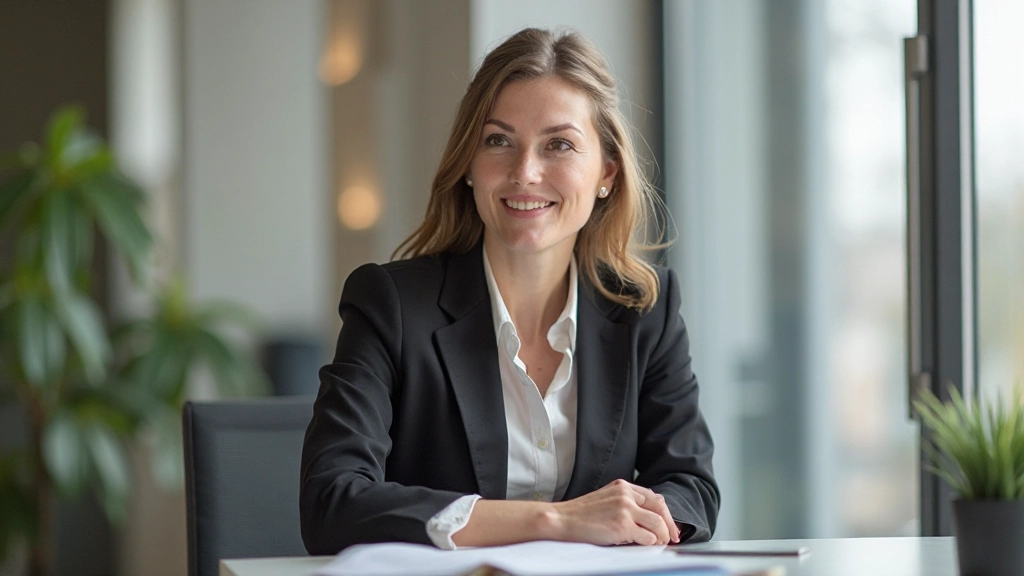 Vrouw in professionele kantoorkleding werkt aan haar bureau
