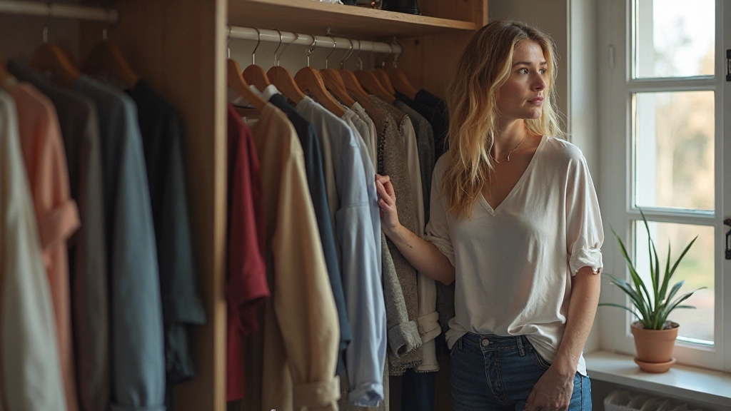 Vrouw die haar kledingkast organiseert en kledingstukken evalueert